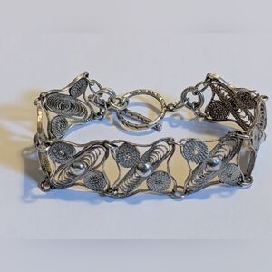 Vintage Filigree Toggle Clasp Silver Bracelet 8 Inches